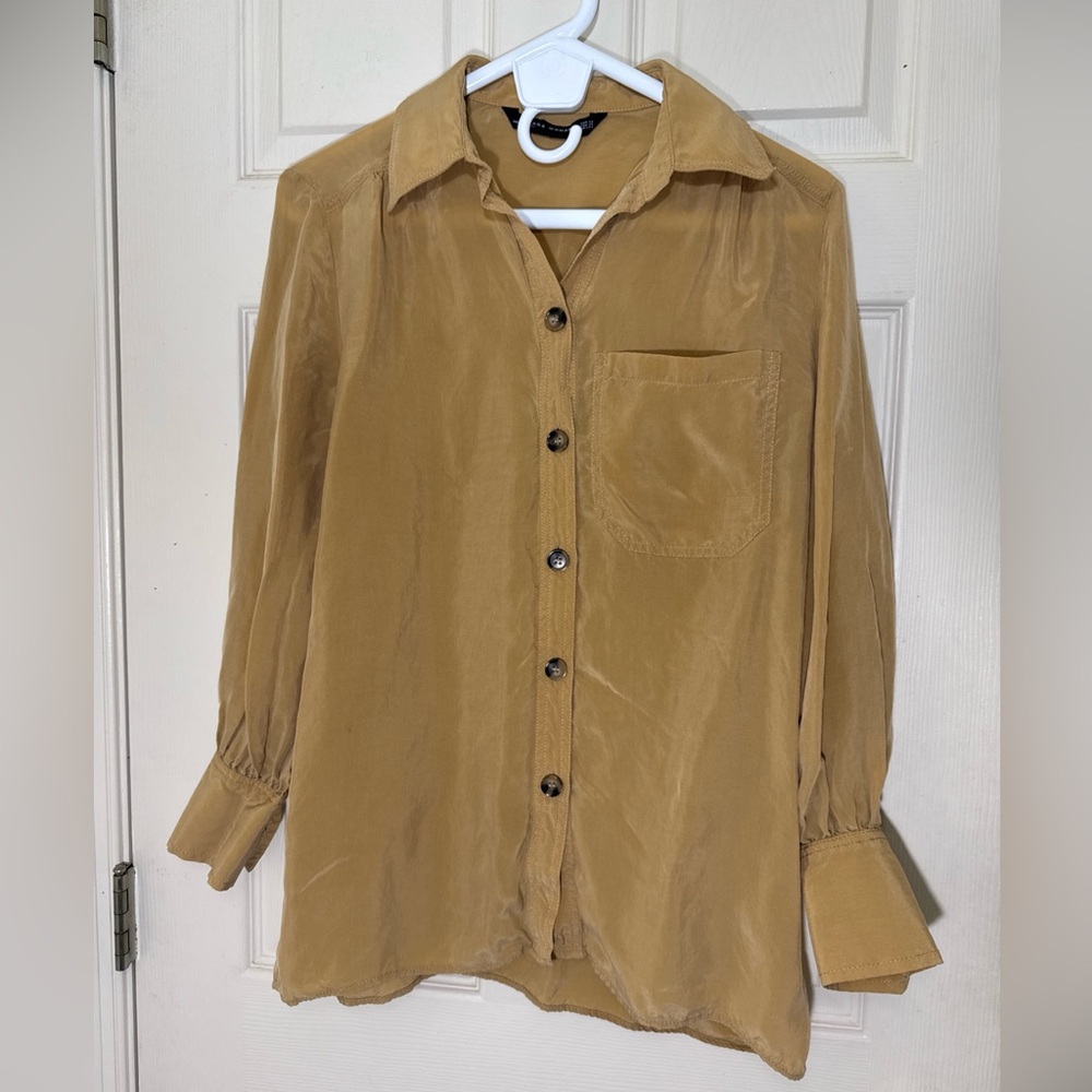Zara Women's Beige Oversized Button Down Shirt Size XS Silky Blouse Top